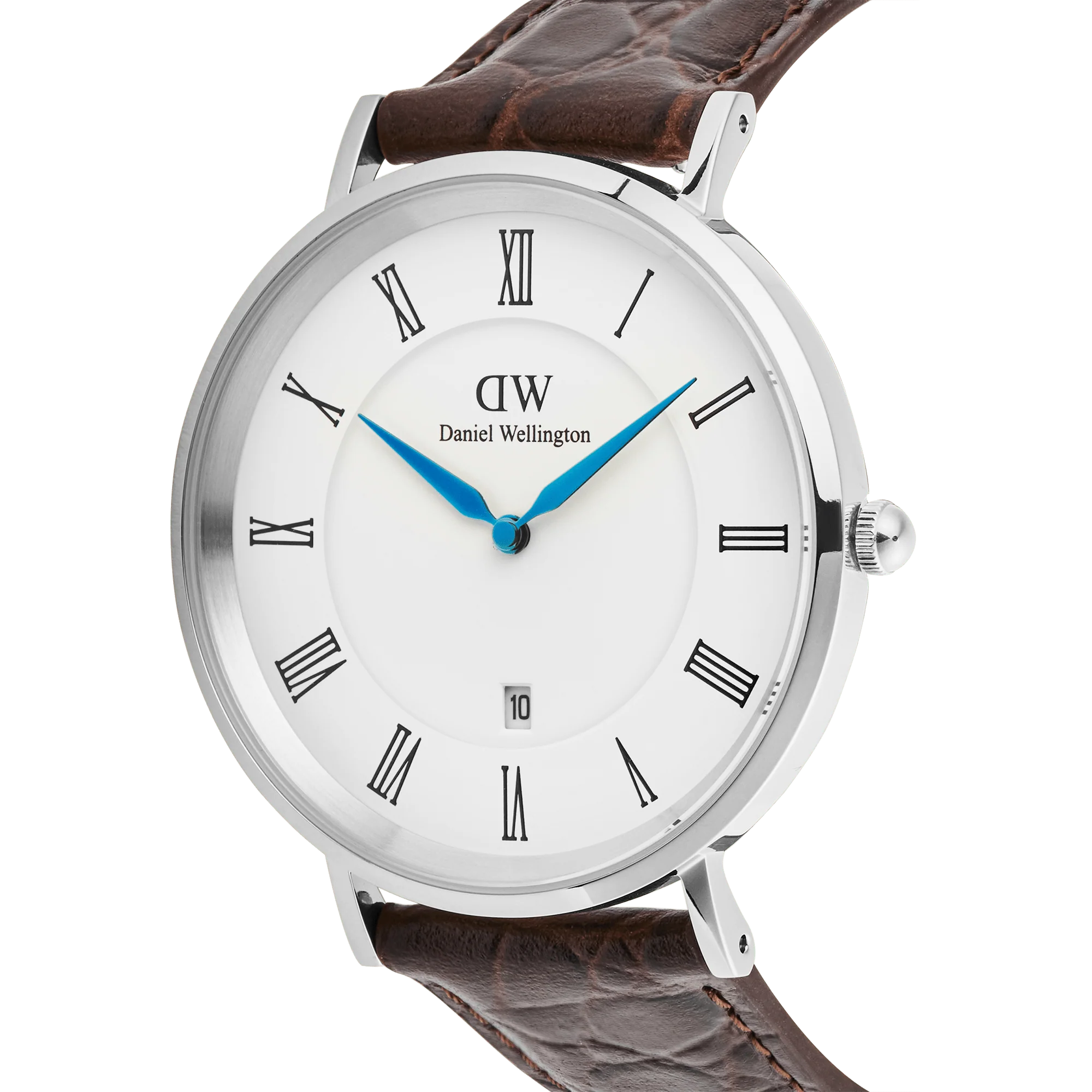 Classic Roman Numerals Date Dark Brown Croc Belly Silver - Image 3