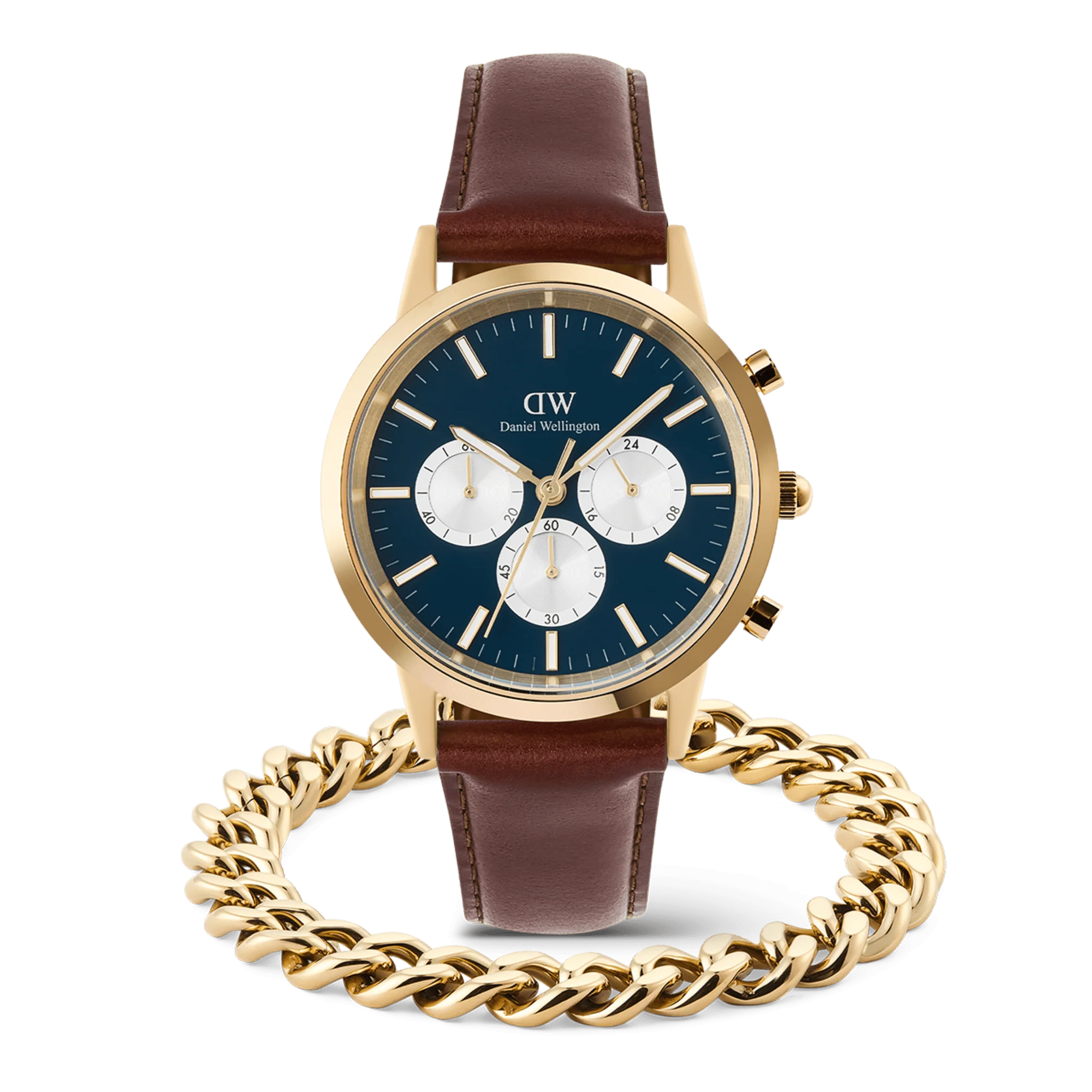 Iconic Chronograph Panda + Ellipse Cuban Chain Bracelet Gold Set - Image 4