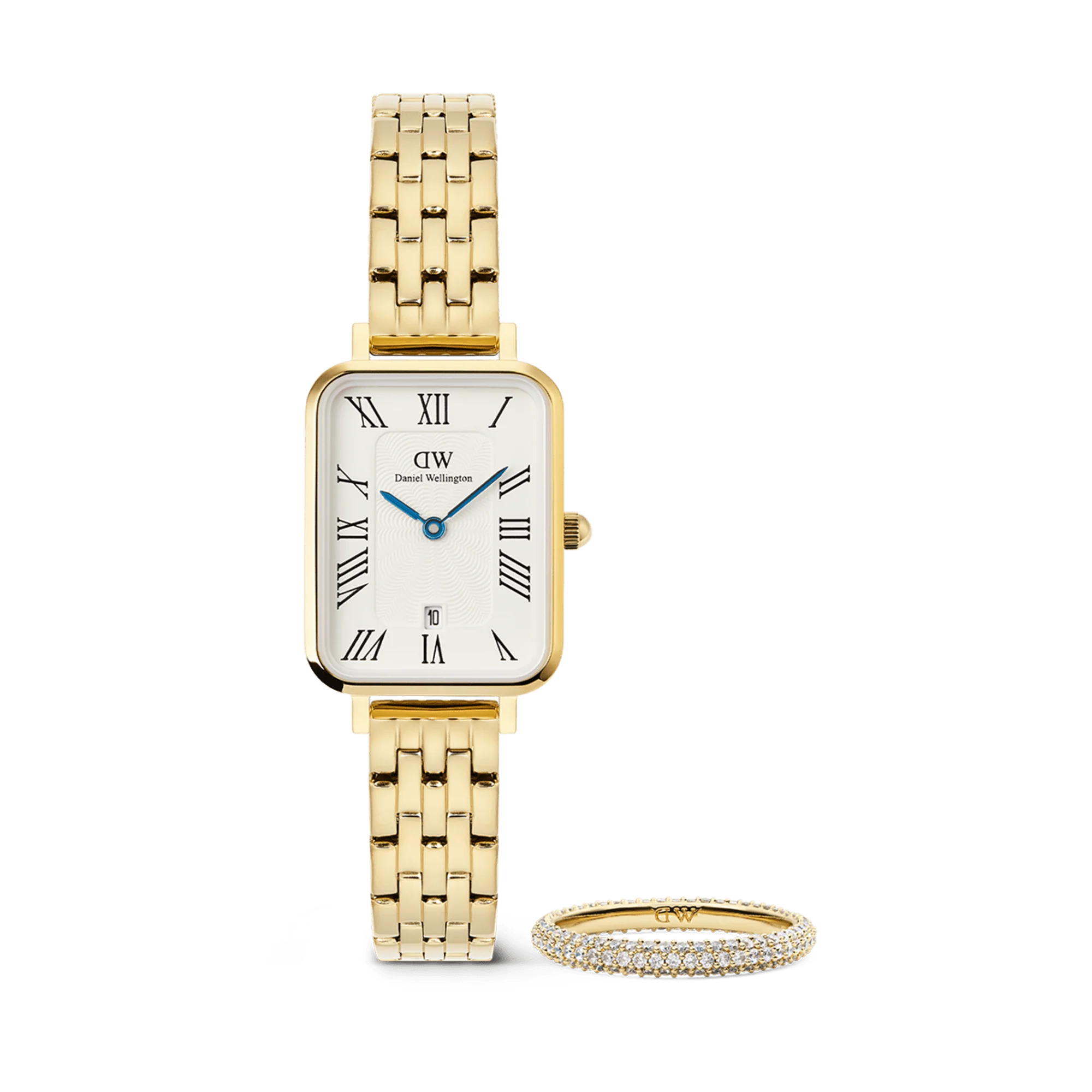 Quadro Roman Numerals Date + Pavé Ring 3mm Gold Set